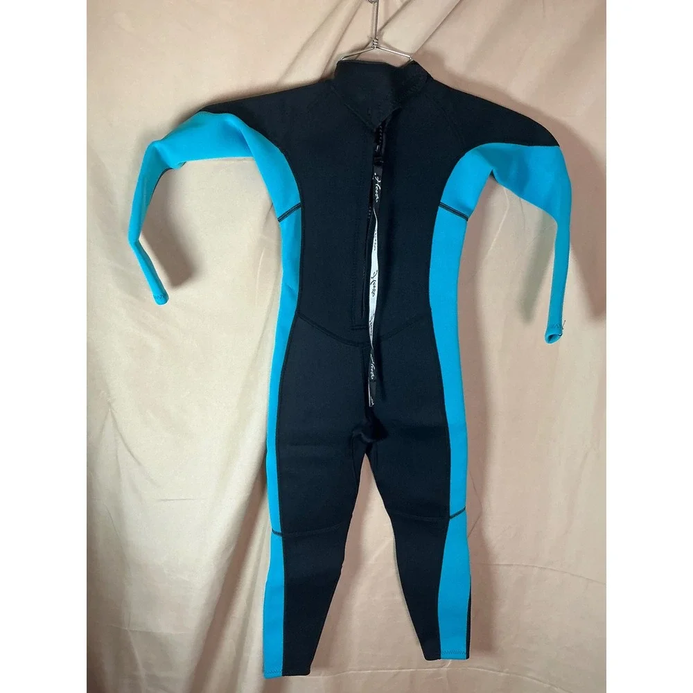 Hevto Wetsuit Kids Size 7 Black Blue Excellent 3mm Neoprene Full Body Back Zip